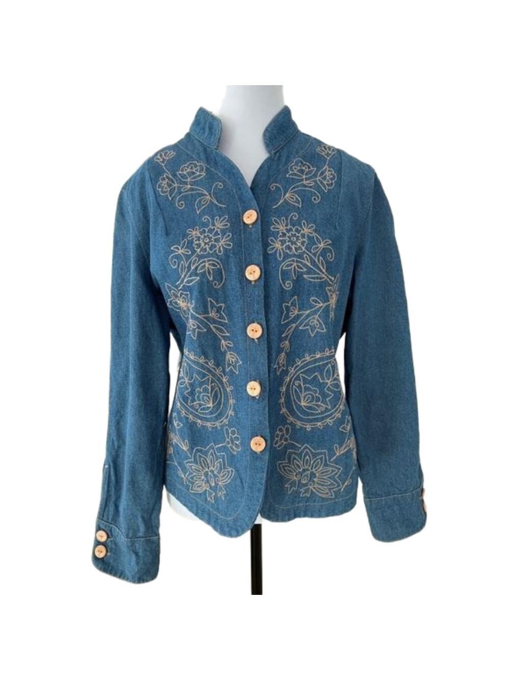 RUBY RD. Denim Embroidered Jacket Mandarin Collar Contrast Cuff Western Boho